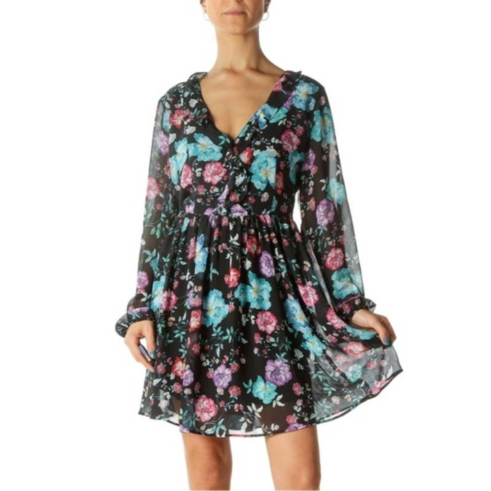 Express Women Floral Chiffon Long Sleeves Mini Cocktail Sun Dress Size 6 New
